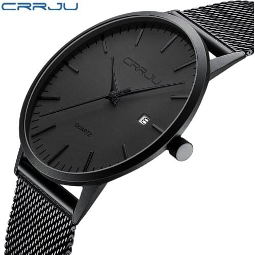 Mens Watches Ultra Thin Simple Casual Fashion Analog Quartz Date Display Waterproof Wrist Watch Stainless Steel Mesh Band Black