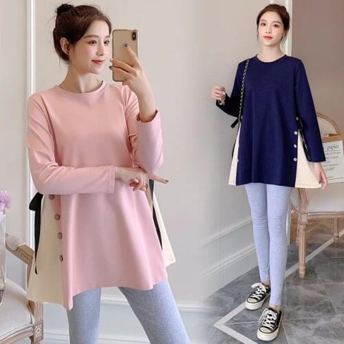 Side Splits Bandage Maternity Shirts 2021 Spring Korean Fashion Loose Clothes for Pregnant Women Cotton Pregnancy Tops