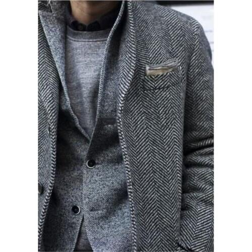 Tailored Made Grey Herringbone Mens suit British style Wool tweed tuxedos slim fit Blazer wedding suits for men(suit+pant)