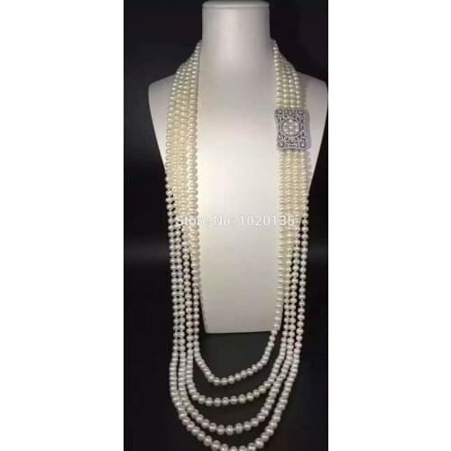 Wow! 4rows freshwater pearl white near round necklace 7-8mm 35-45inch wholesale beads