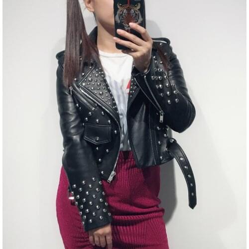 Ladies real leather jacket women rivet leather jacket