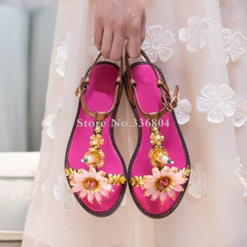 New Arrival Sweet Sunflower Crystal Rhinestones Decoration Red Woman Flat With Sandals Ankle Strap Flats Casual Beach Sandals