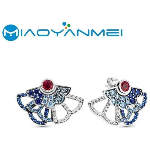 2020 Autumn New 925 Sterling Silver Pave Earrings Blue Fan Stacking Hollow Stud Earrings Women Birthday Gift Fashion Jewelry