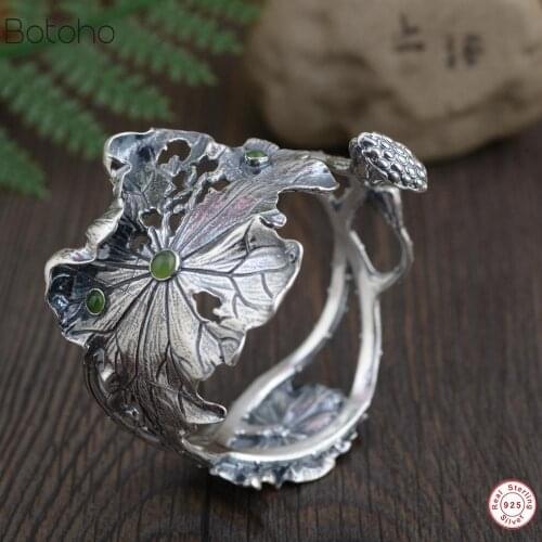 100% S925 Sterling Silver colour Cuff Bracelet for Women Thai Silver colour Vintage Lotus Leaf Open Bangles Silver colour Women