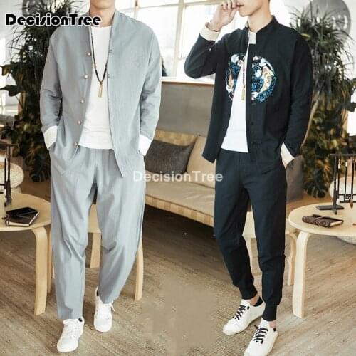 2021 long sleeve men cotton tang suit traditional chinese male kung fu uniforms casual clothes tai shirts loose hanfu set