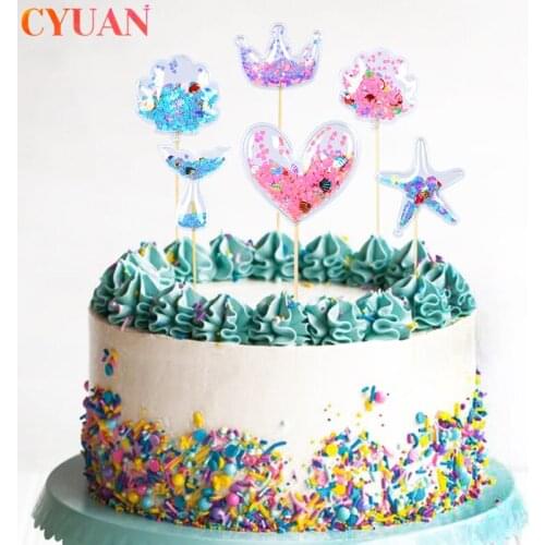 3pcs Bling Fairy Cake Topper Confetti Star Love Crown Cloud Starfish Shiny Cupcake Toppers Mermaid Birthday Party Wedding Decor