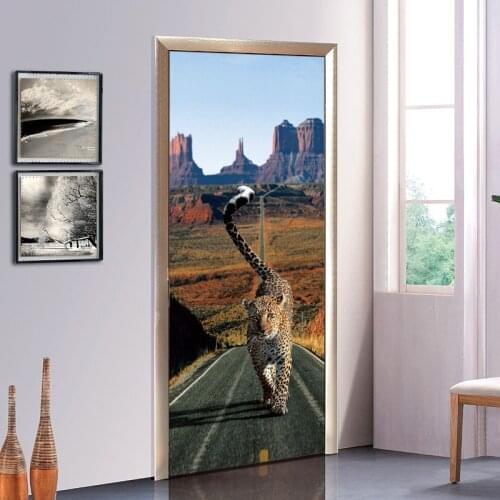 3D Pcs /set A leopard Door Wallpaper Wall sticker running on the road Wall Decal Mural Bedroom Poster Waterproof Home Decor