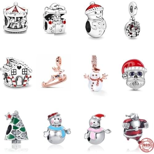 Glitter Christmas Tree Reindeer Snowman Sweet Home Charm Bead Fit Original Pandora Bracelet Silver 925 DIY Jewelry Women Gift