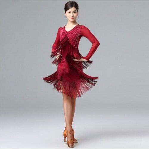 One-Piece Latin Dance Competition Dresses Women Salsa Samba Sling Dress Finger Gloves Rhinestones Sleeves Girls Fringes Costume