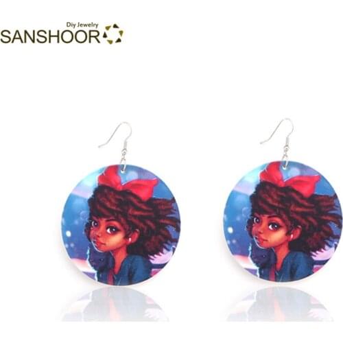 SANSHOOR 6cm One Side Printed African Black Little Girl Natural Hair with Bow Afro Wooden Drop Earrings 1 Pair