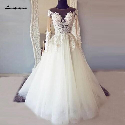 Elegant Bridal Ivory Wedding Dress Floral Sheer Long Sleeve Wedding Gowns Lace Bodice Open Back Dubai Wedding Dress Robe 2020
