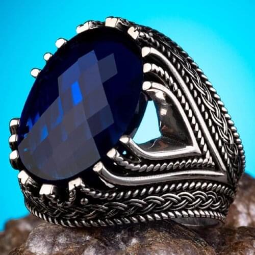Faceted Blue Zircon Stone Men Ring, Handcarved Men Jewelry High Quality Ring Made in Turkey Men For Gifts