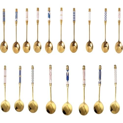 Ceramic Long Handle Coffee Spoon Stainless Steel Stirring Teaspoon Gold-plated Dessert Ice Cream Spoon Kitchen Tableware #L