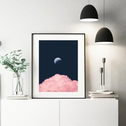 Moon Prints Pink Cloud Poster Dark Blue Outer Space Wall Art Picture Astronomy Luna Celestial Canvas Painting Bedroom Wall Decor