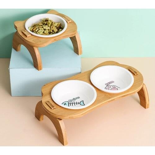 Cute Bowls Cat Dog Feeders Bowl Ceramic Stainlerss Steel Pet Food Tableware Water Bowl Bamboo Frame Pet Supplies