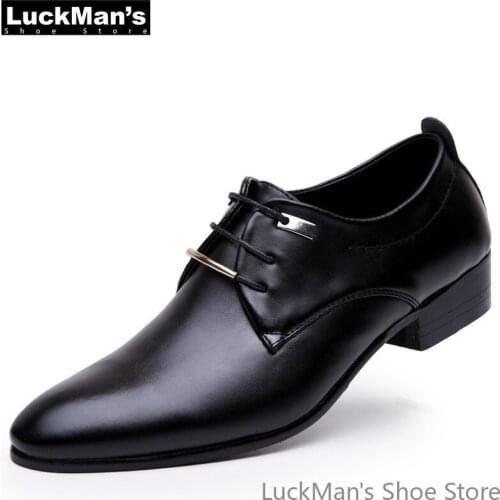 Men Dress Shoes PU Leather Pointed Toe Lace-Up Oxford Flat Male Black Formal Footwear Office Plus Size 38-48 Spring/Autumn