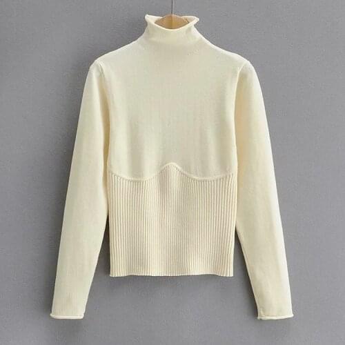 ZA New Women Fashion Turtleneck Ribbed Shirts Long Sleeve Bottoming Shirts Autumn Winter Female Slim Stitching Sweater