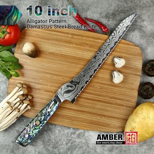 AMBER 10 inch Bread Knife 37 Layers AUS10V10 Damascus Serrated Knife Abalone Shell Transparent Resin Handle Knives for Bread
