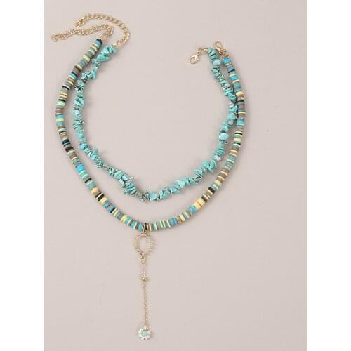 2Pcs/Set Vintage Green Natural Stone Necklace For Women Fashion Handmade Beaded Flower Pendant Multicolor Polymer Clay Necklace