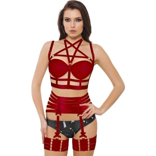 Goth Elastic Bdsm Festival Rave Wear Garter Belt Erotic Lingerie Women Harness Bra Hollow Out Stockings Set Sexy Body Harness
