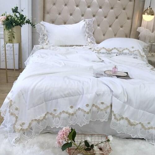 Luxurious European white Lace 3pcs 60S Tencel Quilt Pillowcase bedding Wedding Summer Air Conditioner Quilts Blanket bedspread#a