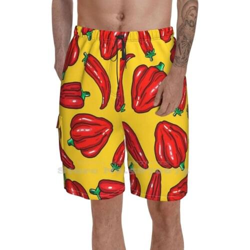 Spicy Red Peppers On Golden Yellow MenS Summer Short Pants Beach Shorts Pepper Peppers Chili Chilis Food Foodie Cook Cooking
