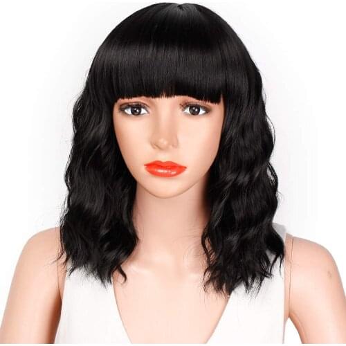 Bob Curly Wig Synthetic Short Black Wig with Bangs Natural Looking Heat Resistant Fiber Hair for