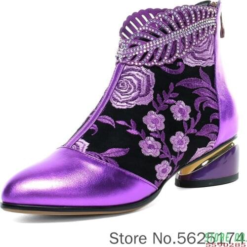 2021 New ankle boots womens shoes genuine leather boots embroidery ethnic bohemia zipper spring autumn ladies botas