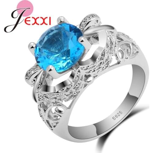 925 Sterling Silver Rings For Women Hollow Blue Crystal Rings Charm Wedding Rings Engagement Party Popular Accessory