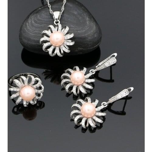 925 Silver Jewelry Sets For Women Romantic Pink Pearl Beads Cubic Zirconia Flower Ring Pendant Necklace Drop Earrings