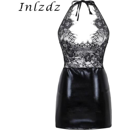 Women See Through Sheer Lace Lingerie Set Deep V Halter Neck Back Opening Leather Skirt Bodysuit with G-String Briefs Underwear