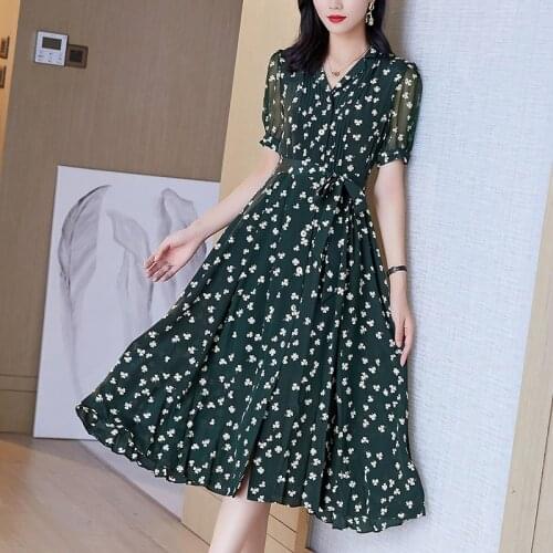 2021 Casual Floral Mulberry Silk Midi Dress Summer Vintage Chiffon Beach Vacation Sundress Women Elegant Bodycon Party Vestidos