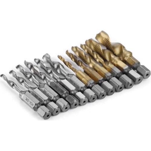 12pcs Thread Tap Set M3-M10 Hex Shank Titanium Plated HSS Screw Thread Metric & Inch Tap Drill Bits Hand Tools