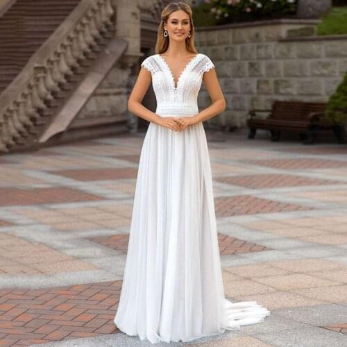2021 V-neck Beach Wedding Dress Cap Sleeves Boho Bridal Gowns Elegant Sweep Train Lace Chiffon Bride Dresses Vestidos De Novia