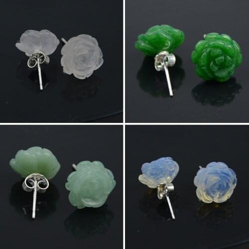 4 Pairs Rose Flower Stud Earrings Green Moon Stone Quartz Ear Stud Earring for Women Fashion Fine Jewelry Vintage Jewellery Gift