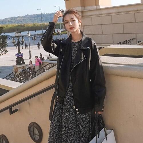 Black Mid-Length Vintage Jaqueta De Couro Women 2021 Spring Autumn Korean Loose Fashion Motorcycle PU Leather Jacket Trend zh323