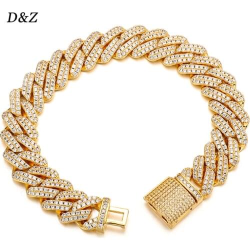 D&Z 12mm Hip Hop Iced Out Bling CZ Men Cuban Link Bracelet Fashion 8inch Long Miami Cuban Chain Bracelets Male Hip Hop Jewelry