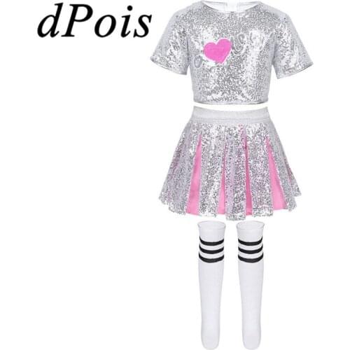 Kids Cheerleader Dancewear Outfit Shiny Sequins Crop Tops with Skirt Socks Girls Stage Performance Hip Hop Jazz Dance Costume