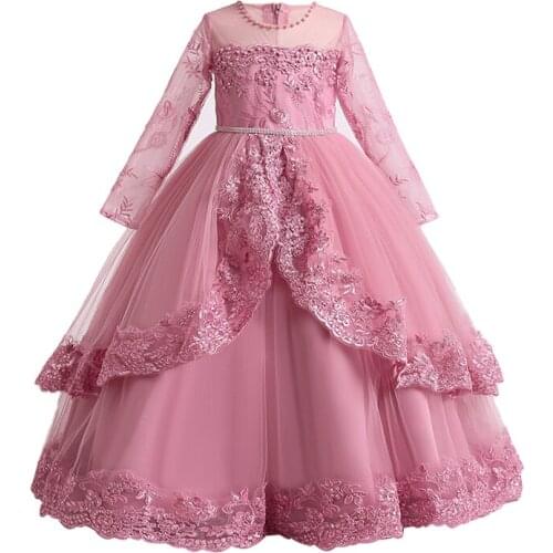 4-14 Yrs Long Sleeve Sequined Mesh Flower Girls Princess Dress For Kids Christmas Wedding Dress Bridesmaid Temperament Vestidos