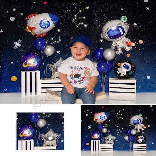 Outer Space Rocket Astronaut Backdrops for Photography Universe Galaxy Planet Background Boy Birthday Party Cake Table Decor