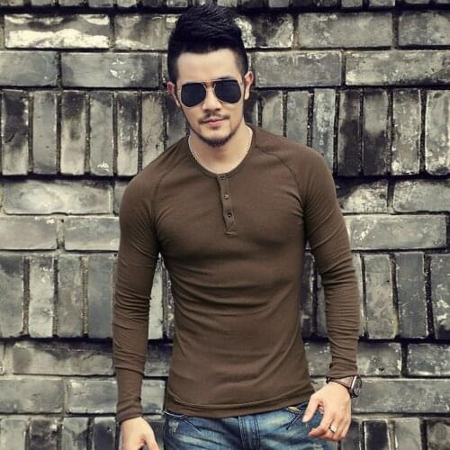 Henley Shirts Brand t-shirt Slim Fit Solid Color Men Warm Bottoming Long Sleeve Cotton Pullover Men Casual New