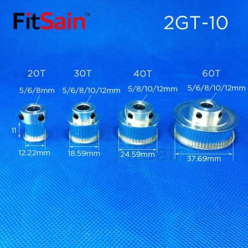 FitSain-2GT Width 10mm Synchronous Wheel 20T 30T 40T 60T Aluminum Alloy Pulley GT2 Timing Belt center hole 5/6/8/10/12mm