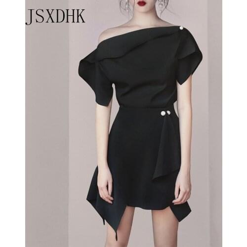 JSXDHK New 2019 Summer Women Runway 2 PCS Set Sexy Fashion Black Ruffles Off Shoulder Shirt Tops + Beading Irreguls Skirts Set