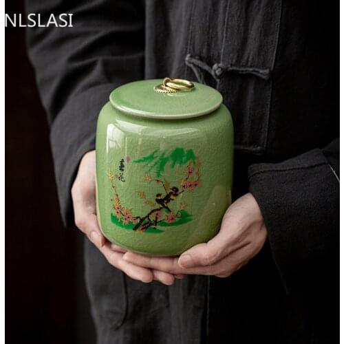 Ice Crack Ceramics Tea Caddy Household Flower and Bird Pattern Storage Tank Tieguanyin Containers Travel Tea Bag Sealed Tea Jar