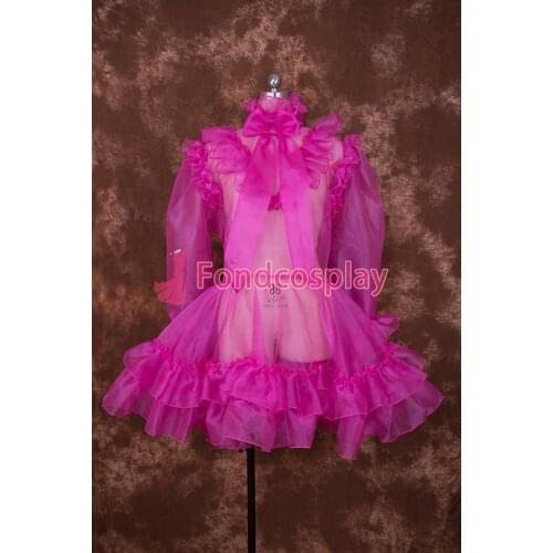 Sexy Lockable Hot Pink Organza Sissy Maid Short Dress Cosplay Costume Uniform[O001]