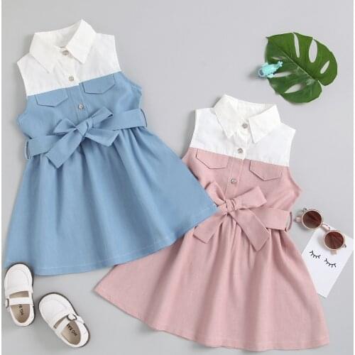 FOCUSNORM 3 Colors Summer Lovely Kids Girls Dress With Belt Solid Patchwork Sleeveless Turn Down Collar A-Line Sundress 2-7Y