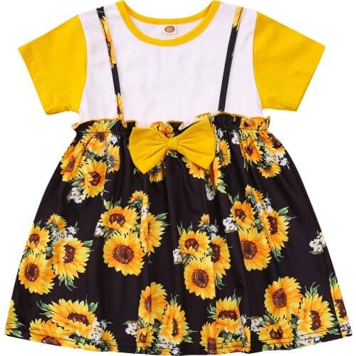 Summer Infant Girls Dress, Creative Sunflower Printing Splicing Bow Decoration Round Collar Short Sleeve Princess Gown