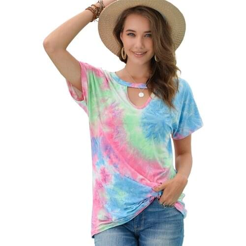 Summer Streetwear Tie Dye Print Tops Tee Shirt Short Sleeve Hollow Out Household Blouse Harajuku Camiseta Mujer Shirts Femme