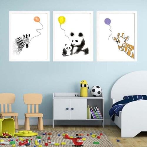 Cute Watercolor Animal Zebra Panda Balloon Decorative Painting Childrens Bedroom Living Room Mural Canvas Painting Nursery