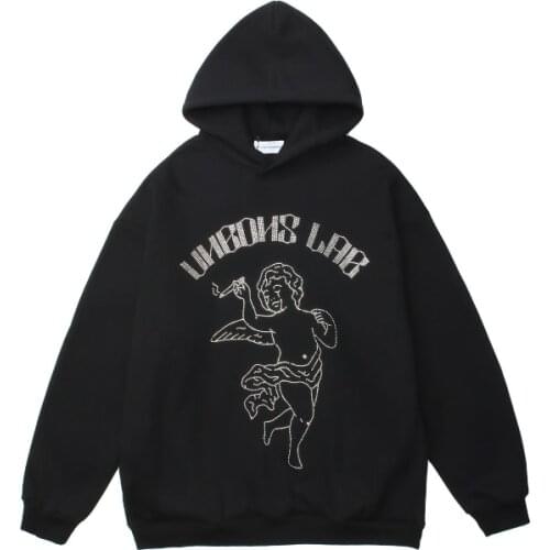 2021 Autumn Letter Angel Rhinestone Retro Fleece Men Oversized Hoodies Pullover Black Cotton Hooded Sweatshirts Vintage Clothes